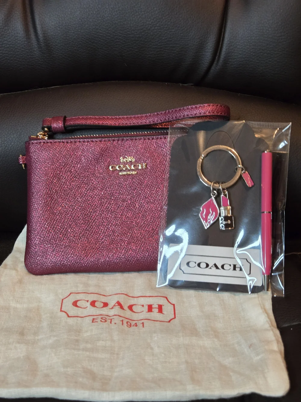 COACH Metallic Raspberry Wristlet And COACH KEYRING AND PEN
